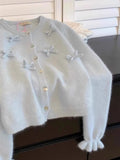 DERMEARNE Blue Mohair Bow Sweater Women's Spring Autumn Long Sleeved O-neck Short Knitted Cardigan Loose All-Matchend Korean Jacket