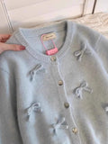 DERMEARNE Blue Mohair Bow Sweater Women's Spring Autumn Long Sleeved O-neck Short Knitted Cardigan Loose All-Matchend Korean Jacket