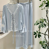DERMEARNE Blue Pajamas Set Elegant Home Clothes Ice Silk Sleepwear Women Loose Trousers Suit Four Seasons Loungewear Sexy Lace Nightgown