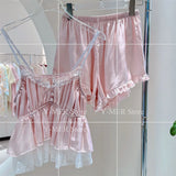 DERMEARNE Blue Pajamas Set Elegant Home Clothes Ice Silk Sleepwear Women Loose Trousers Suit Four Seasons Loungewear Sexy Lace Nightgown