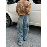 Dermearne Blue Women Jeans Streetwear Vintage Fashion High Waisted Wide Leg Jean Female Trouser 2024 NEW Hip Hop Baggy Denim Pants
