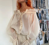 DERMEARNE Boho Inspired off shoulder long sleeve blouse women ruffled neckline tie up front sexy women tops new summer tops women clothing