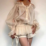 DERMEARNE Boho Inspired off shoulder long sleeve blouse women ruffled neckline tie up front sexy women tops new summer tops women clothing