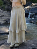 DERMEARNE Boho Vacation Long Skirts Womens Solid Two Layers Asymmetrical Bandage Skirt