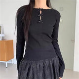 DERMEARNE Bow Hollowed Out Sweet T-shirt 2025 Summer Slimming Long Sleeved T-shirt Women Blouses Korean Spicy Girl Bottoms Y2k Korean Tops
