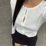 DERMEARNE Bow Hollowed Out Sweet T-shirt 2025 Summer Slimming Long Sleeved T-shirt Women Blouses Korean Spicy Girl Bottoms Y2k Korean Tops