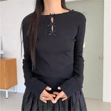 DERMEARNE Bow Hollowed Out Sweet T-shirt 2025 Summer Slimming Long Sleeved T-shirt Women Blouses Korean Spicy Girl Bottoms Y2k Korean Tops