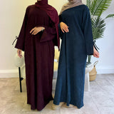 DERMEARNE Bowknot Decorations Corduroy Abaya Muslim Women Dress, O Neck Side Pockets, Warm Loose Modest Islam Hijabi Robe, Ramadan, Autumn