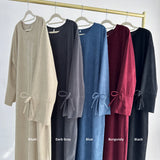 DERMEARNE Bowknot Decorations Corduroy Abaya Muslim Women Dress, O Neck Side Pockets, Warm Loose Modest Islam Hijabi Robe, Ramadan, Autumn