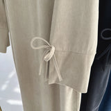 DERMEARNE Bowknot Decorations Corduroy Abaya Muslim Women Dress, O Neck Side Pockets, Warm Loose Modest Islam Hijabi Robe, Ramadan, Autumn