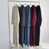 DERMEARNE Bowknot Decorations Corduroy Abaya Muslim Women Dress, O Neck Side Pockets, Warm Loose Modest Islam Hijabi Robe, Ramadan, Autumn