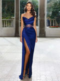 DERMEARNE Bright Royal Blue Satin Mermaid Evening Dresses For Women 2025 Sequin High Split Princess Party Customized Vestidos De Noches