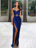 DERMEARNE Bright Royal Blue Satin Mermaid Evening Dresses For Women 2025 Sequin High Split Princess Party Customized Vestidos De Noches