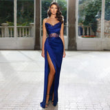 DERMEARNE Bright Royal Blue Satin Mermaid Evening Dresses For Women 2025 Sequin High Split Princess Party Customized Vestidos De Noches