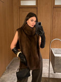 Dermearne Brown High Collar Furry Fur Sleeveless Vest Women Luxurious Warm Thicken Waistcoats 2025 Female New High Street Party Outerwears
