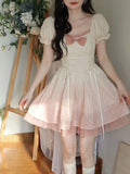 DERMEARNE Bubble Sleeve Kawaii Lolita Mini Dress Women Pink Bow Princess Sweet Party Cute Dress A-Line Elegant Fairy Dress 2024 Spring New