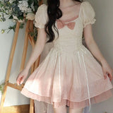 DERMEARNE Bubble Sleeve Kawaii Lolita Mini Dress Women Pink Bow Princess Sweet Party Cute Dress A-Line Elegant Fairy Dress 2024 Spring New