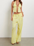 DERMEARNE CHRONSTYLE Women Summer Pants Outfits Striped/Solid Halter Tie-Up Backless Tank Tops Wide-Leg Pants 2 Pieces Set Streetwear 2025