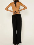 DERMEARNE CHRONSTYLE Women Summer Pants Outfits Striped/Solid Halter Tie-Up Backless Tank Tops Wide-Leg Pants 2 Pieces Set Streetwear 2025