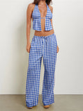 DERMEARNE CHRONSTYLE Women Summer Pants Outfits Striped/Solid Halter Tie-Up Backless Tank Tops Wide-Leg Pants 2 Pieces Set Streetwear 2025