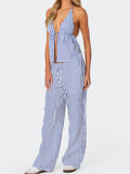 DERMEARNE CHRONSTYLE Women Summer Pants Outfits Striped/Solid Halter Tie-Up Backless Tank Tops Wide-Leg Pants 2 Pieces Set Streetwear 2025