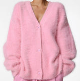 DERMEARNE Cardigan for Women 2025 Autumn Fashion V-Neck Knitted Sweater Loose Solid Color Long Sleeves Casual Daily Cardigan Coat