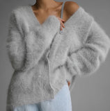 DERMEARNE Cardigan for Women 2025 Autumn Fashion V-Neck Knitted Sweater Loose Solid Color Long Sleeves Casual Daily Cardigan Coat