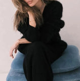 DERMEARNE Cardigan for Women 2025 Autumn Fashion V-Neck Knitted Sweater Loose Solid Color Long Sleeves Casual Daily Cardigan Coat