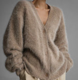 DERMEARNE Cardigan for Women 2025 Autumn Fashion V-Neck Knitted Sweater Loose Solid Color Long Sleeves Casual Daily Cardigan Coat