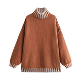 DERMEARNE Casual All-match Spliced Knitted Bottom Shirt Autumn Winter Soft Turtleneck Tops Pullover Fashion Striped Contrast Women Sweater