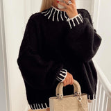 DERMEARNE Casual All-match Spliced Knitted Bottom Shirt Autumn Winter Soft Turtleneck Tops Pullover Fashion Striped Contrast Women Sweater