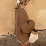 DERMEARNE Casual All-match Spliced Knitted Bottom Shirt Autumn Winter Soft Turtleneck Tops Pullover Fashion Striped Contrast Women Sweater