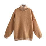 DERMEARNE Casual All-match Spliced Knitted Bottom Shirt Autumn Winter Soft Turtleneck Tops Pullover Fashion Striped Contrast Women Sweater