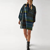 DERMEARNE Casual High Street Button Short Dresses Vintage Striped Printed Summer Dress New Women's Lapel Half Sleeved Loose Dress Vestidos