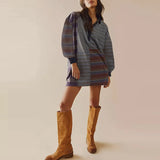 DERMEARNE Casual High Street Button Short Dresses Vintage Striped Printed Summer Dress New Women's Lapel Half Sleeved Loose Dress Vestidos