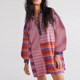 DERMEARNE Casual High Street Button Short Dresses Vintage Striped Printed Summer Dress New Women's Lapel Half Sleeved Loose Dress Vestidos