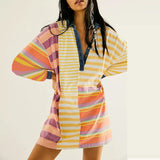 DERMEARNE Casual High Street Button Short Dresses Vintage Striped Printed Summer Dress New Women's Lapel Half Sleeved Loose Dress Vestidos