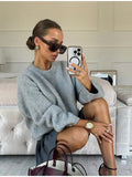 DERMEARNE Casual O-neck Long Sleeved Knitted Pullover Women Fashion Grey Mohair Thick Loose Sweater 2025 Lady Commute High Street Fall Top