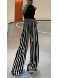 DERMEARNE Casual Retro Striped Print High Waist Wide Leg Pants Women's Fashion Loose Vintage Soft Full Length Trousers 2025 Summer