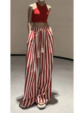 DERMEARNE Casual Retro Striped Print High Waist Wide Leg Pants Women's Fashion Loose Vintage Soft Full Length Trousers 2025 Summer