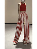 DERMEARNE Casual Retro Striped Print High Waist Wide Leg Pants Women's Fashion Loose Vintage Soft Full Length Trousers 2025 Summer