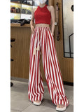 DERMEARNE Casual Retro Striped Print High Waist Wide Leg Pants Women's Fashion Loose Vintage Soft Full Length Trousers 2025 Summer
