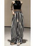 DERMEARNE Casual Retro Striped Print High Waist Wide Leg Pants Women's Fashion Loose Vintage Soft Full Length Trousers 2025 Summer