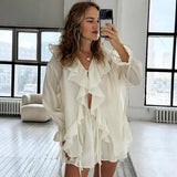 DERMEARNE Casual Shorts Suits Women Loose See Through Ruffles V Neck Hollow Out Sets Female 2025 Spring Fashion New Long Sleeves Set Lady