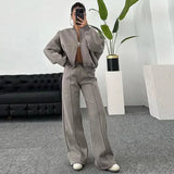 DERMEARNE Casual Sweatshirt Pants Set Women Spring Autumn Zippers O-neck Jacket Loose Lace-up Elastic Waist Trousers Suits Lady Solid