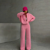 DERMEARNE Casual Sweatshirt Pants Set Women Spring Autumn Zippers O-neck Jacket Loose Lace-up Elastic Waist Trousers Suits Lady Solid