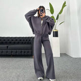 DERMEARNE Casual Sweatshirt Pants Set Women Spring Autumn Zippers O-neck Jacket Loose Lace-up Elastic Waist Trousers Suits Lady Solid