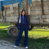 DERMEARNE Casual Sweatshirt Pants Set Women Spring Autumn Zippers O-neck Jacket Loose Lace-up Elastic Waist Trousers Suits Lady Solid