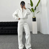 DERMEARNE Casual Sweatshirt Pants Set Women Spring Autumn Zippers O-neck Jacket Loose Lace-up Elastic Waist Trousers Suits Lady Solid