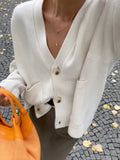 DERMEARNE Casual V Neck Single Breasted Knitted Cardigan Women Retro Solid Long Sleeve Pocket Warm Sweater Lady New Commute Loose Knitwear
